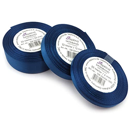 Sepkina Set 6 12 und 25 mm 3 Rollen Satinband Schleifenband Dekoband Band Bastelband Geschenkband Nähband Zierband Satin Sonnengelb Royalblau Dunkelblau von Sepkina