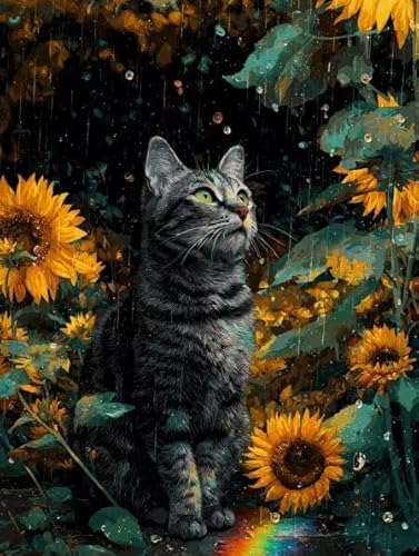 Diamond Painting Erwachsene Katze Sonnenblumen Diamant Painting Bilder Full Drill, Diamants Strass Kristall Stickerei Leinwand, Daimant Malerei Kinder Bastelset Geschenk und Als Wanddeko 70x90cm Z-591 von Sepwougg