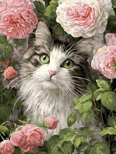 Diamond Painting Set Erwachsene, Katze Monatsblumen Diamant Painting Bilder Kinder Anfänger, Stickerei Mosaikherstellung, 5D DIY Diamant Malerei House Wall Dekoration, Weihnachtsgeschen 20x30cm X-595 von Sepwougg
