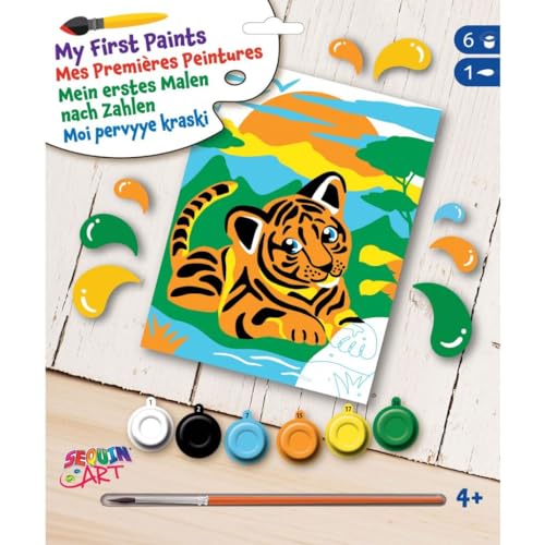 MAMMUT 8242011 - Mein erstes Malen nach Zahlen Tiger, Komplettset mit bedruckter Malvorlage ca. 18,5 x 25 cm, Anfänger Set mit 6 Acrylfarben und Pinsel, Tiermotiv Malset für Kinder ab 4 Jahre von Sequin Art
