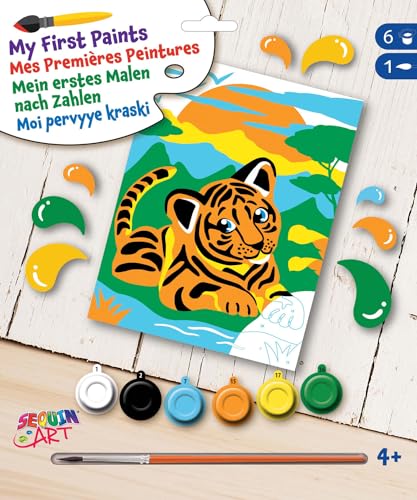 MAMMUT 8242011 - Mein erstes Malen nach Zahlen Tiger, Komplettset mit bedruckter Malvorlage ca. 18,5 x 25 cm, Anfänger Set mit 6 Acrylfarben und Pinsel, Tiermotiv Malset für Kinder ab 4 Jahre von Sequin Art