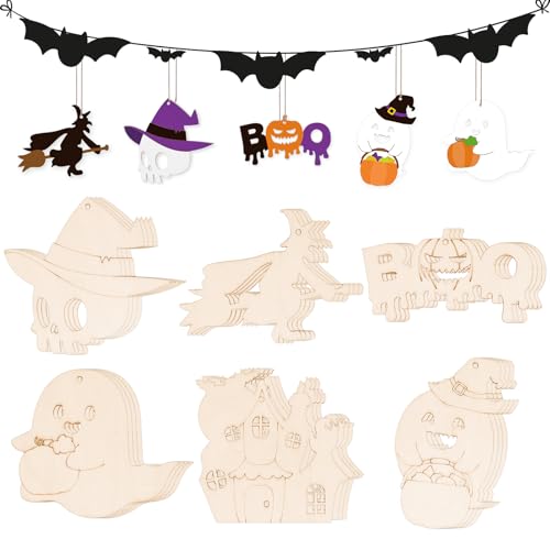 24 Stück unlackierte Halloween-Holz-Bastelarbeiten, Kürbis-Geister-Form, hängende Ornamente, DIY-Holz-Bastelausschnitte für Zuhause, Party-Dekoration (Halloween) von Sereliy