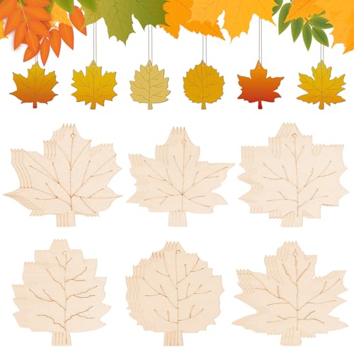 24 Stück unlackierte Holzbastelarbeiten, Ahornblätter, hängende Ornamente, DIY-Holzbastelausschnitte für Herbst, Heimdekoration (Blätter) von Sereliy