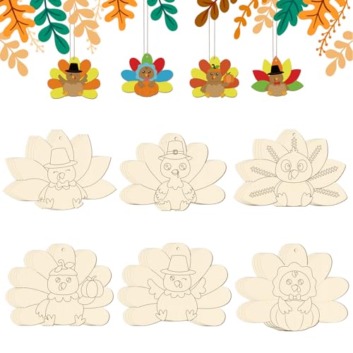 24 Stück unlackierte Holzbastelarbeiten, Truthahn-Form, hängende Ornamente, DIY-Holzbastelausschnitte für Thanksgiving, Party-Dekoration (Türkei) von Sereliy