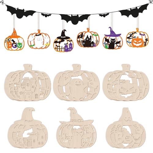 24 Stück unlackiertes Halloween-Handwerk, Kürbis-Form, hängende Ornamente, DIY-Holzbastelausschnitte für Halloween-Party-Dekoration (hohler Kürbis) von Sereliy