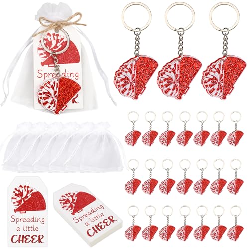 Serencatcher 24 Sets Cheer-Schlüsselanhänger, Rot, Cheerleader-Geschenke für Team, mit DIY-Cheer-Schlüsselanhängern, Geschenkanhänger, Organza-Beutel für Namen, Taschen, Anhänger, Zubehör, Gymnastik von Serencatcher