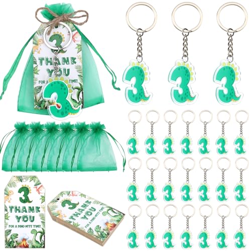 Serencatcher 24 Sets Dinosaurier-Geschenke zum 3. Geburtstag, mit grünem Dinosaurier, Nummer 3, Schlüsselanhänger, Dankeschön, Organza-Beutel und Schnur für Jungen, Dino 3, Rex von Serencatcher