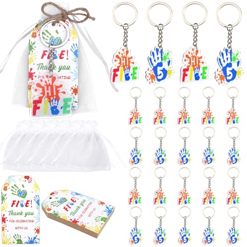 Serencatcher 24 Sets "Hi Five"-Geburtstags-Partygeschenke mit Regenbogen-Hi-Five-Themen-Schlüsselanhänger, Dankeschön-Etiketten, Organza-Beutel und Bindfaden, für Jungen und Mädchen, 5. Geburtstag von Serencatcher