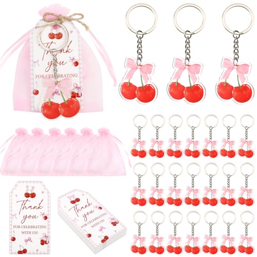 Serencatcher 24 Sets Kirsch-Partygeschenke, Kirsche auf der Oberseite, Party-Dekorationen, Kirschen, Schleife, Schlüsselanhänger, Dankeschön-Etiketten, rosa Organza-Beutel, Geschenke für Gäste von Serencatcher