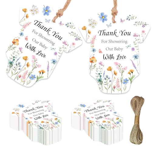 Serencatcher 50 x Dankeschön-Etiketten für Babypartys, Dankeschön, dass Sie unser Baby mit Liebe duschen, mit Schnur für Wildblumen-Themen, Babyparty-Geschenke, It's a Girl Boy Partyzubehör von Serencatcher