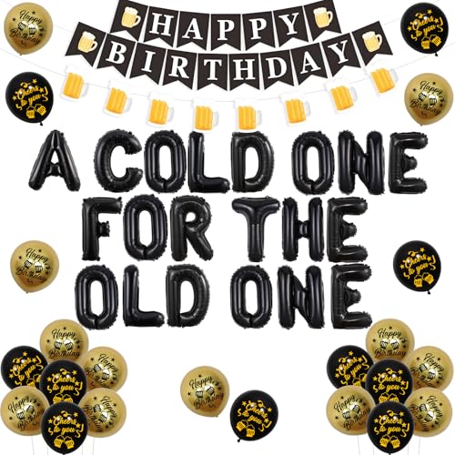 Serencatcher A Cold One for the Old One Geburtstagsdekorationen, Bier Themed Happy Birthday Banner Girlande Schwarz Gold Ballons Buchstaben Folienballon für Männer Prost und Bier 30. 40. 50 von Serencatcher