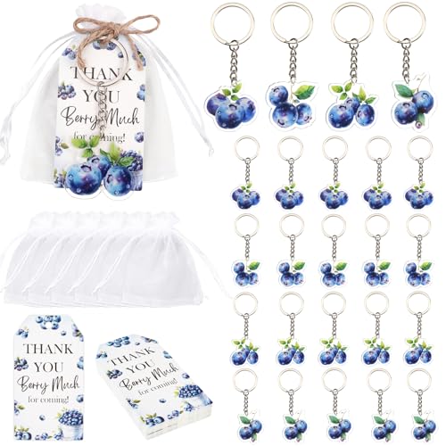 Serencatcher Blaubeer-Schlüsselanhänger-Set – 24 Acryl-Schlüsselanhänger, 24 Dankeskarten, 24 Organza-Beutel und Jute-Schnur für Blaubeere, Babyparty, Geburtstag, Party, Geschenke, Dekorationen von Serencatcher