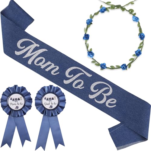 Serencatcher Blue Jean Babyparty-Dekorationen, Denim und Diamanten, Schärpe für werdende Mütter, Denim-Stoff, Blumenkrone, Stirnband für blaue Jeans, Babyparty, Gastgeschenke, Geschenk, Andenken von Serencatcher