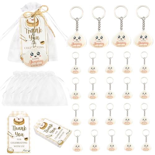 Serencatcher Dumpling Babyparty-Partygeschenke – 24 Sets "A Little Dumpling is on the way", Schlüsselanhänger, Dankeskarten und Organza-Beutel mit Schnur für chinesische Lebensmittelthemen von Serencatcher
