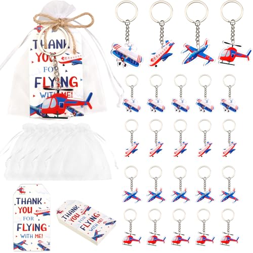 Serencatcher Flugzeug-Partygeschenke – 24 Sets Flugzeug-Themen-Schlüsselanhänger (4 Designs), Dankeskarten und Organza-Beutel mit Schnur für Flugzeug, Reisen, Abenteuer, Geburtstag, Babyparty, Party von Serencatcher