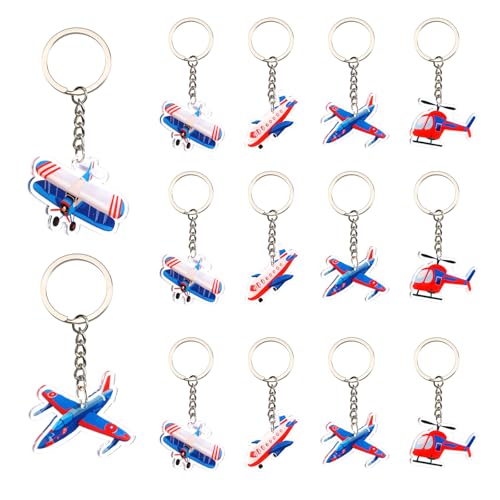 Serencatcher Flugzeug-Schlüsselanhänger, 12 Stück, Flugzeug-Partygeschenke, Schlüsselanhänger-Set mit doppelseitigem Druck, 4 Designs, rot-blaue Acryl-Schlüsselanhänger für Flugzeug, Geburtstag von Serencatcher