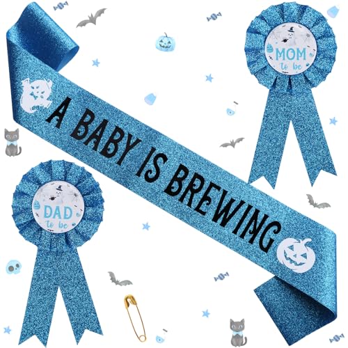 Serencatcher Halloween-Babyparty-Dekorationen, blau, Halloween-Anstecknadeln, Aufschrift "A Baby Is Brewing", für werdende Mütter, werdende Mütter, als Anstecknadel für Babypartys, Foto-Requisiten von Serencatcher