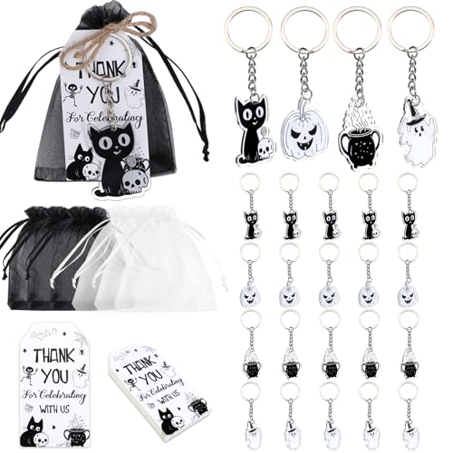 Serencatcher Halloween-Schlüsselanhänger, Partyzubehör, schwarz-weiß, Halloween-Geister-Schlüsselanhänger, Geschenkanhänger, Organzabeutel und Bindfaden, für Babypartys, Happy Boo Day, gruselige von Serencatcher
