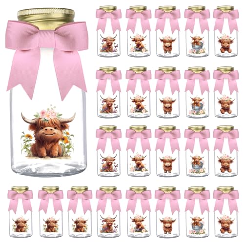 Serencatcher Hochlandkuh Geburtstagsdekorationen, 24 Stück Hochlandkuh Partygeschenk Flasche Gläser mit Schleife Heilige Kuh Aufkleber Geschenk für Western Kuh Bauernhof Tier Geburtstag Babyparty von Serencatcher