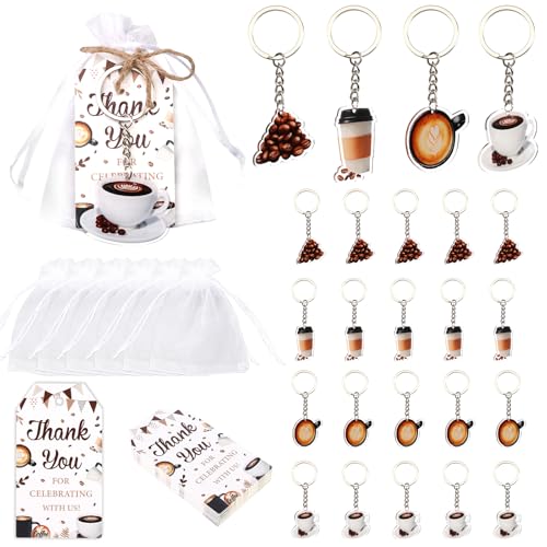 Serencatcher Kaffee-Partygeschenke – 24 Sets Kaffee-Themen-Schlüsselanhänger (4 Designs), Dankeskarten und Organza-Beutel mit Schnur für Geburtstag, Liebe, Brauen, Brautparty, Babyparty, Dekorationen von Serencatcher