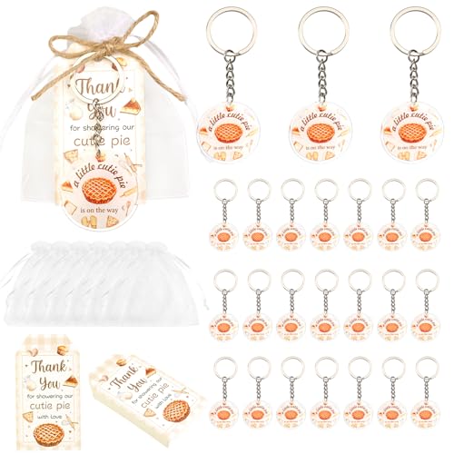 Serencatcher Little Cutie Pie Babyparty-Partygeschenke – 24 Sets "A Little Cutie Pie is on the way", Schlüsselanhänger, Dankeschön-Etiketten für die Dusche und Organzabeutel mit Schnur für Gäste von Serencatcher