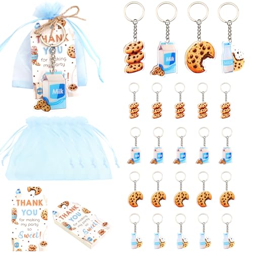 Serencatcher Milch- und Keks-Partygeschenke – 24 Sets Keks-Themen-Schlüsselanhänger (4 Designs), "Thank You for Making My Party So Sweet Tags", Organza-Beutel mit Schnur für Geburtstag, Babyparty von Serencatcher
