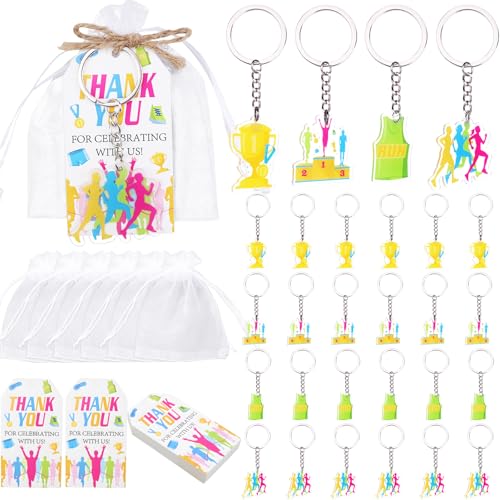 Serencatcher Partygeschenk-Set – 24 Acryl-Schlüsselanhänger, 24 Dankeskarten, 24 Organza-Beutel und Jute-Schnur – ideal für Motto-Partys, Geschenke für Marathonläufer, Rennveranstaltungszubehör von Serencatcher