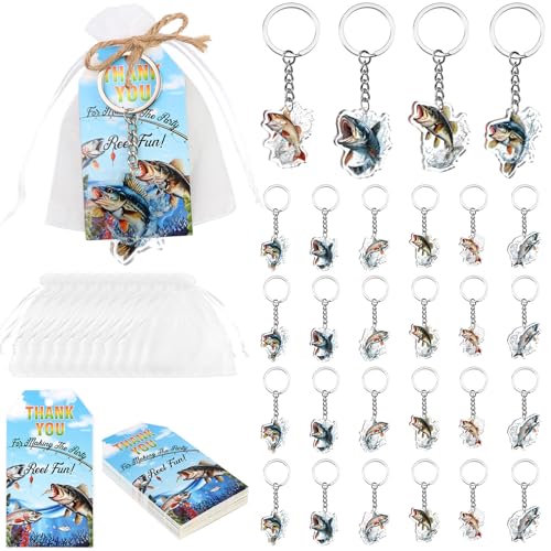 Serencatcher Partygeschenke mit Angelmotiven – 24-teiliges realistisches Fisch-Schlüsselanhänger-Set, 6 Stile, doppelseitige Schlüsselanhänger mit Dankeskarten und Organza-Beuteln von Serencatcher