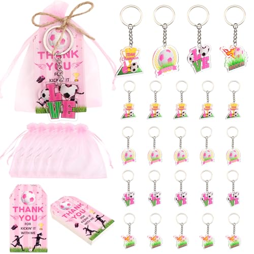 Serencatcher Pinke Fußball-Partygeschenke – 24 Sets Fußball-Themen-Schlüsselanhänger (4 Designs), Dankeskarten und Organza-Beutel mit Schnur für Fußball, Geburtstag, Babyparty, Sportveranstaltungen von Serencatcher