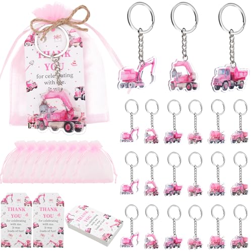 Serencatcher Pinkes Bau-Partygeschenk-Set – 24 Acryl-Schlüsselanhänger, 24 Dankeskarten, 24 Organza-Beutel und Bindfaden – ideal für Bau, Muldenkipper, Bagger, Motto-Baby-Party, Geburtstagsparty von Serencatcher