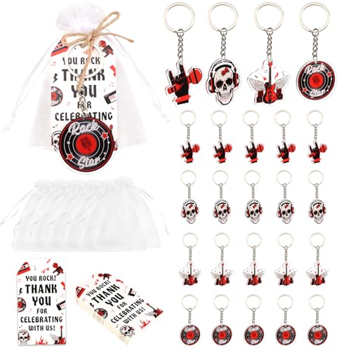 Serencatcher Rock-and-Roll-Partygeschenke – 24 Sets mit Rockstar-Themen-Schlüsselanhänger (4 Designs), Dankeskarten und Organza-Beutel mit Schnur für 80er-/90er-Jahre, Rockstar-Geburtstagszubehör von Serencatcher