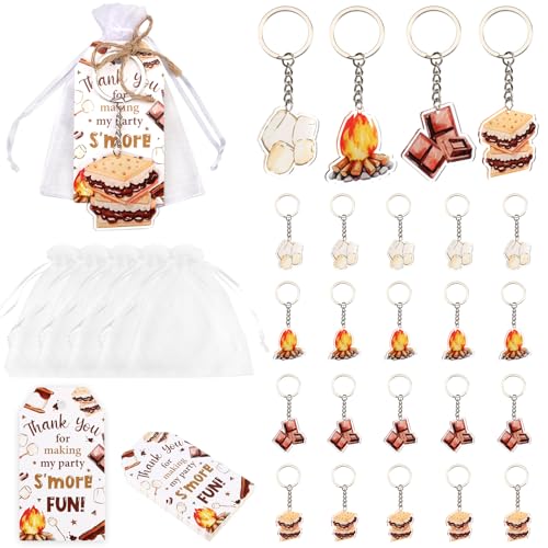 Serencatcher S'more Partygeschenke – 24 Sets S'mores Marshmallow-Themen-Schlüsselanhänger (4 Designs), Dankeskarten und Organza-Beutel mit Schnur für Lagerfeuer, Camping, Motto-Party, Babyparty von Serencatcher