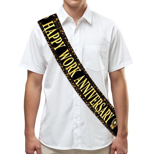 Serencatcher Schärpe "Happy Work Anniversary", schwarz-gold, Happy Work Anniversary Workiversary Dekorationen, Satin-Schärpe für Männer und Frauen, Mitarbeiter, Büroangestellte, Wertschätzung von Serencatcher
