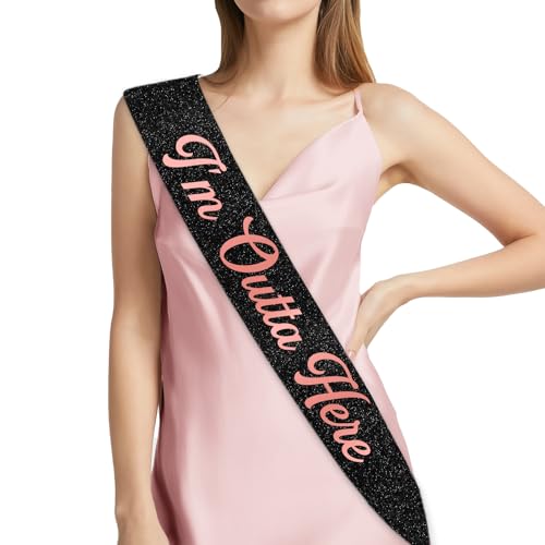 Serencatcher Schärpe mit Aufschrift "I'm Outta Here", schwarzer Glitzer, Satin mit rotgoldener Folie, für Frauen im Ruhestand, geschiedene Schärpe, Abschied, Party-Dekoration, Abschlussfeier, neues von Serencatcher
