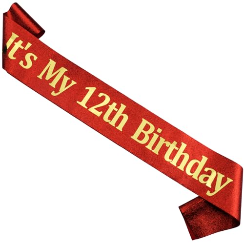 Serencatcher Schärpe zum 12. Geburtstag, Dekoration für Mädchen und Jungen, rote Glitzer-Schärpe mit Goldfolien-Buchstaben für 12-jährige Geschenke, Partyzubehör von Serencatcher