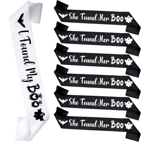Serencatcher Schärpen für Junggesellinnenabschied, 7 Stück, Weiß / Schwarz, Halloween-Schärpe "I Found My Boo Bride", Schärpen für Geister-Gruselige Brautparty, Hochzeit, Partyzubehör von Serencatcher