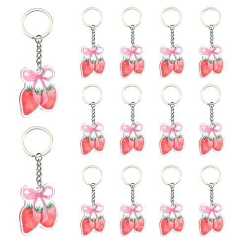 Serencatcher Schlüsselanhänger mit rosa Schleife, Erdbeer-Partyzubehör, doppelseitig, Acryl, für rosa Schleife und Erdbeer-Thema, Babyparty, Geburtstag, Hochzeit, Brautparty, Geschenk, 12 Stück von Serencatcher