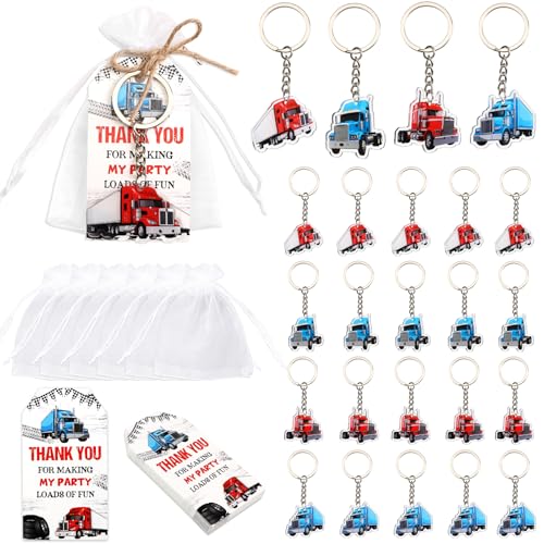 Serencatcher Semi-Truck-Partygeschenke – 24 Sets schwerer LKW-Schlüsselanhänger (4 Designs), Dankeskarten und Organza-Beutel mit Schnur für Transport, Geburtstag, Babyparty, Party-Dekorationen von Serencatcher