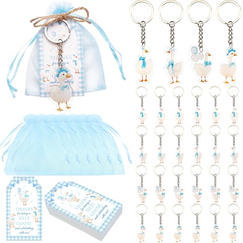 Serencatcher Silly Goose Partygeschenke mit blauen albernen Gänse-Schlüsselanhängern, Dankesanhänger, Organza-Beutel und Schnur für eine alberne Gans, Geburtstag, Babyparty, Party-Dekoration von Serencatcher