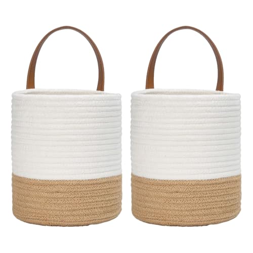 Sertay 2 Stück Korb Hängend Wand, Wandkorb Rund Behälter, Aufbewahrungskörbe Griff, Blumentopf Pflanzenkörbe, Wandmontiertes Design Haftet Platzsparend an Der Wand (Leinen + Weiß) von Sertay