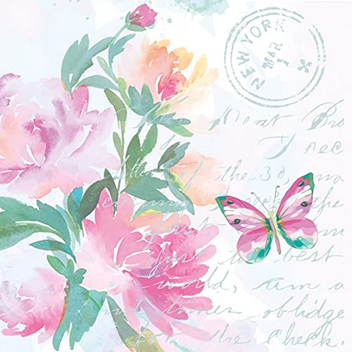 20 Servietten Vintage Blumen mit Schmetterling | pastell | Schrift | basteln | Decoupage | Serviettentechnik | Frühling | Sommer | Tischdeko 33x33cm von Serviette Blumen