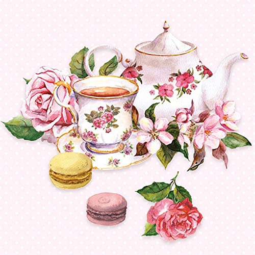 20 Servietten Teezeit mit Blumen | Tasse | Kanne | Retro | Vintage | Süßigkeiten | Tee | Trinken | Getr?nke | Tischdeko 33x33cm von Servietten Essen und Trinken