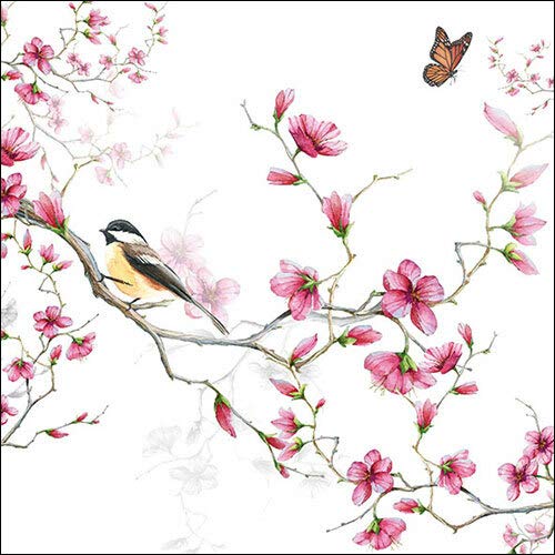 20 Servietten Vogel an Pinke Blüten als Tischdeko für den Frühling und Sommer mit Schmetterling 33x33cm von Servietten Tiere