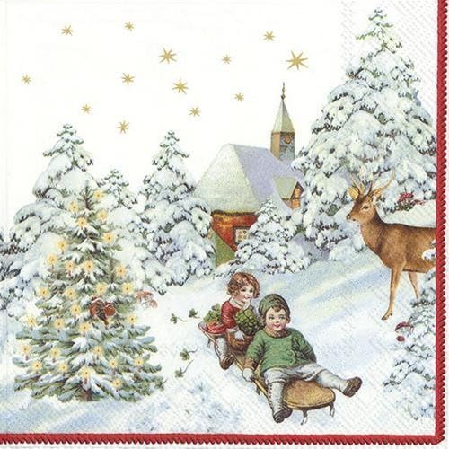 Servietten Weihnachten 20 Stück 3-lagig 33x33cm Rodelnde Kinder als Motiv, Rot, Grün, Weiß, Papierservietten von Servietten Weihnachten