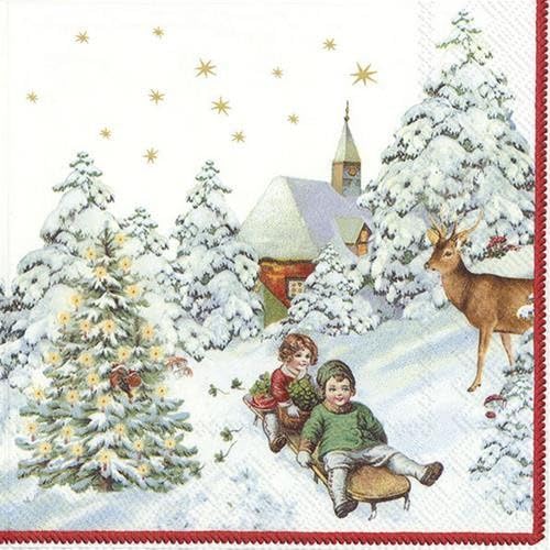 20 Servietten Kinder beim Schlittenfahren | Schnee | Winter | Weihnachten 33x33cm von Servietten Weihnachten