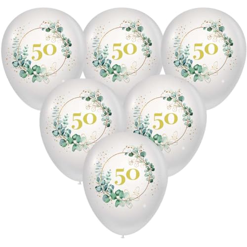 10 Luftballons Geburtstag Goldene 50 - Eucalyptus Golden 50. Festliche Luftballons zum Geburtstag Zahl 50 für Männer und Frauen als Dekoration. von Serviettenshop