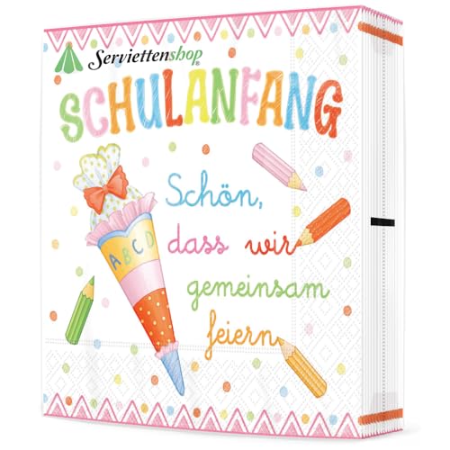 20 Servietten Schulanfang Mädchen rosa als Tischdeko Einschulung Schuleinführung Schule mit Zuckertüte und ABC. Tischdeko Schulanfang Mädchen mit Spruch 33x33cm von Serviettenshop