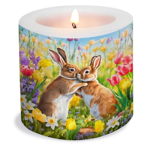 Kerze Frühling mit Hasen und Blumen als Tischdeko für den Frühjahr. Kerze Ostern mit Motiv als originelle Tischdekoration für Kinder und Erwachsene Ø8 x Höhe 7,5cm von Serviettenshop