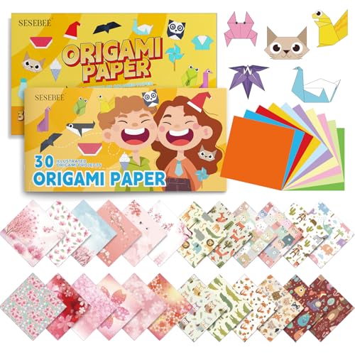 300 Origami-Papier-Set für Kinder - 200 Blatt in 10 Farben, 100 Blatt Mit Cartoon und Sakura Aufdruck - 5.9x5.9 Zoll - Mit Anleitungsbuch für 30 Projekte - Bastelgeschenk von SeseBee