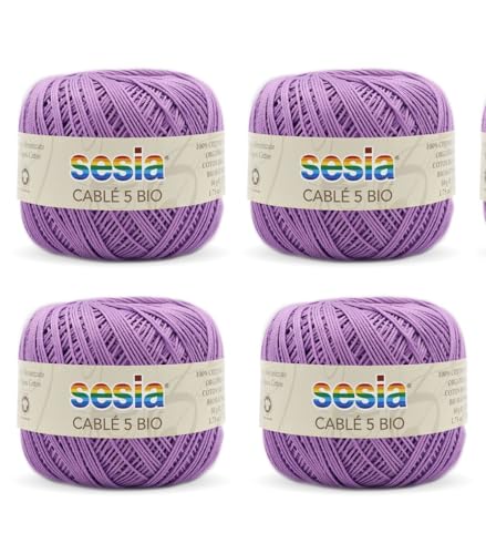 SESIA CABLE' 5 BIO Garn 4 Knäuel à 50 g, 335 m, Nadeln 1 – 1,5, Häkelnadel 1,25 aus 100% gekämmter Baumwolle, gasiert, mercerisiert biologisch (0044 Lila, 4 Knäuel) von Sesia